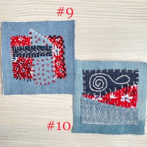 Collection of handmade boro sashiko denim patches created from recycled jeans and fabric scraps with decorative hand stitching.