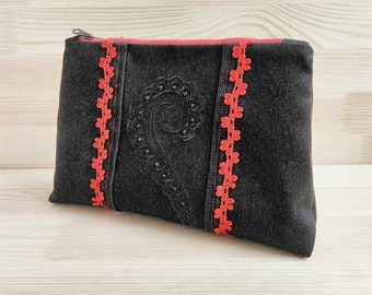 Upcycled Denim Cosmetic Bag: Black Travel Toiletry Pouch with Red Lace