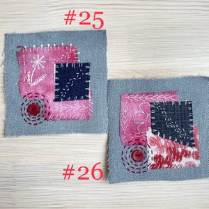 Collection of handmade boro sashiko denim patches created from recycled jeans and fabric scraps with decorative hand stitching.