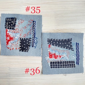 Collection of handmade boro sashiko denim patches created from recycled jeans and fabric scraps with decorative hand stitching.
