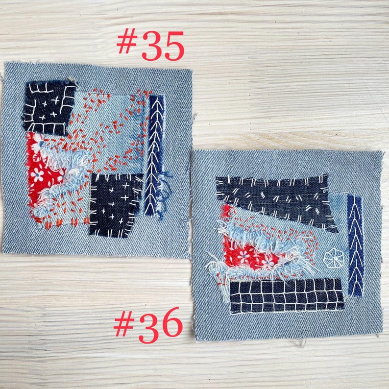 Collection of handmade boro sashiko denim patches created from recycled jeans and fabric scraps with decorative hand stitching.
