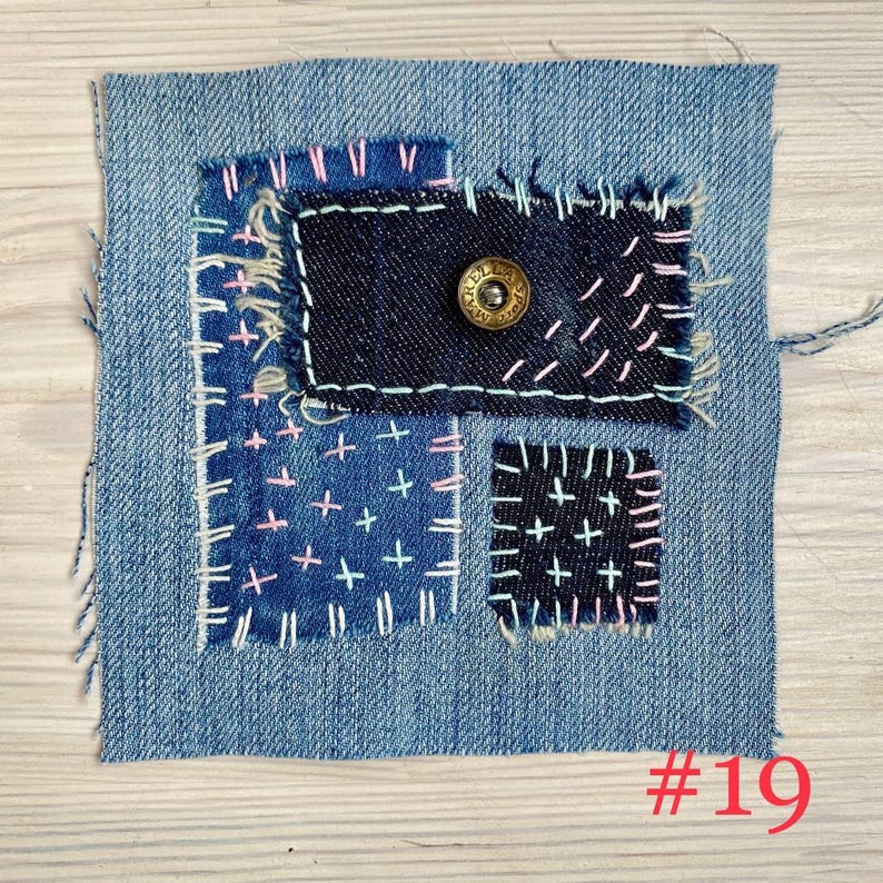 Upcycled Denim Patch: Hand-Embroidered Boro Sashiko Textile Art