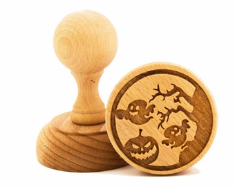 Ghost & Pumpkin Halloween Cookie Stamp: Engraved Beech Wood Baking Gift