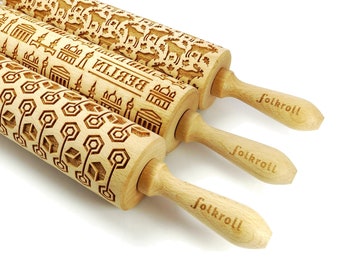 SET OF THREE engraved rolling pins for cookies, embossing rolling pin, laser rolling