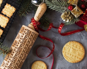 Christmas Joy Engraved Rolling Pin: Embossed Cookie Stamp