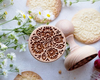 FOLK FLORAL engraved stamp, cookie stamp, laser stamp, baking gift