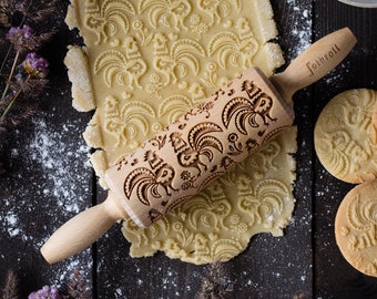Folk Rooster Engraved Rolling Pin: Cookie Embossing Stamp