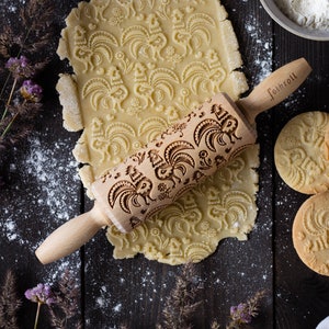 FOLK ROOSTER engraved rolling pin for cookies, embossing rolling pin, engraved by laser, stamp for cookies