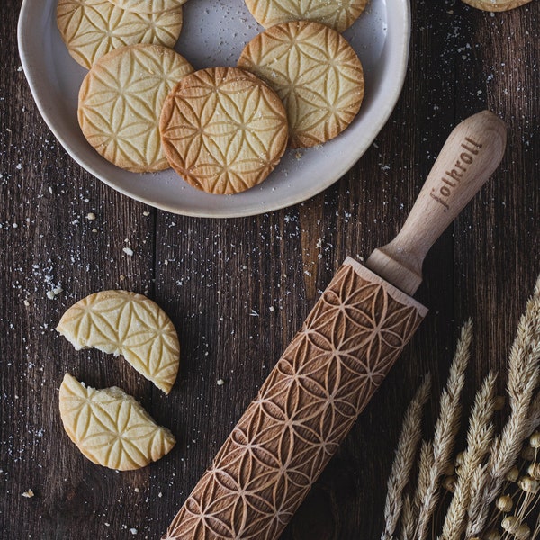 FLEUR DE VIE rouleau à pâtisserie gravé pour biscuits, gaufrage rouleau à pâtisserie, gravé au laser, tampon pour biscuits