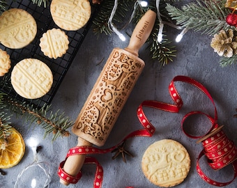 Magic Christmas Engraved Rolling Pin: Cookie Embossing Stamp
