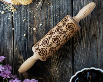 SUNFLOWERS engraved rolling pin for cookies, embossing rolling pin, engraved by laser, stamp for cookies