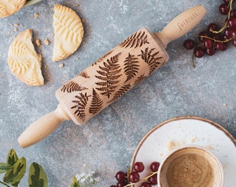 Rodillo grabado con helecho: sello de madera de haya para galletas