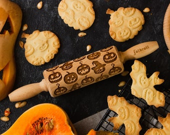 Halloween Pumpkin Engraved Rolling Pin: Cookie Embossing Stamp