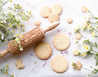 Rodillo grabado de pradera: sello de madera de haya para galletas