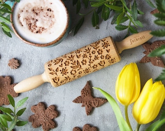 FLOWER POWER engraved rolling pin for cookies, embossing rolling pin, engraved by laser, stamp for cookies