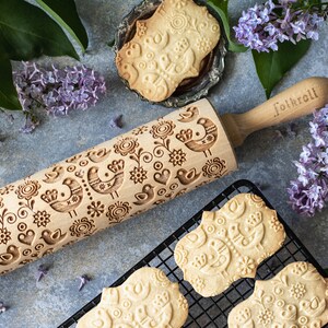 FOLK PIGEON engraved rolling pin for cookies, embossing rolling pin, engraved by laser, stamp for cookies