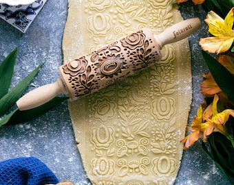 Folk Hungarian Embossed Rolling Pin: Laser Engraved Cookie Stamp