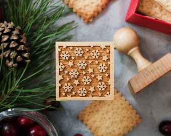 Snowflakes and Stars Cookie Stamp: Engraved Beech Wood Baking Gift