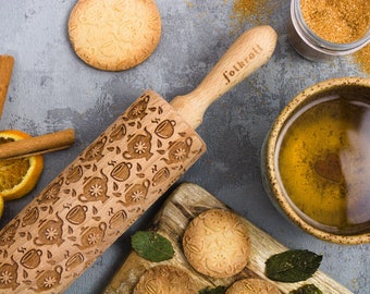 Rodillo de amasar con relieve de taza de té: sello de madera de haya para galletas
