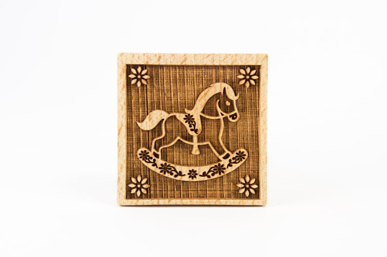 Rocking Horse Cookie Stamp: Engraved Beech Wood Baking Gift image 3