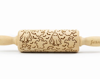 Ghost Halloween Engraved Rolling Pin: Beech Wood Cookie Stamp
