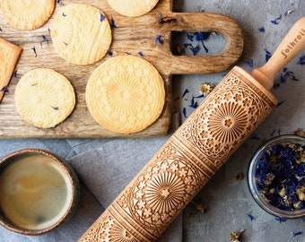 ROSETTE engraved rolling pin for cookies, embossing rolling pin, engraved by laser, stamp for cookies