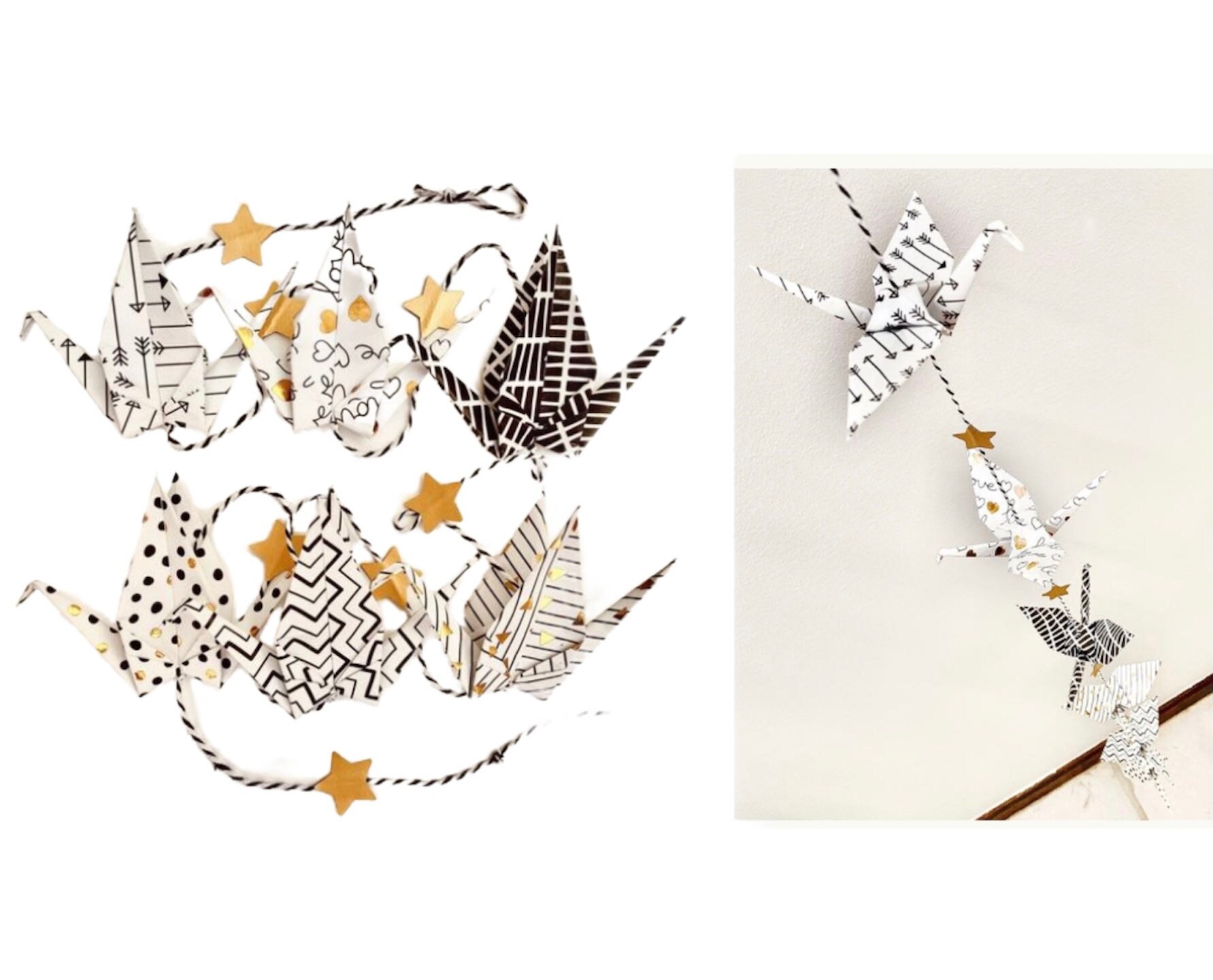 Guirlande Suspension Origami 6 Grues Noir, Blanc et Or Étoiles Dorées 140 cm Decoration