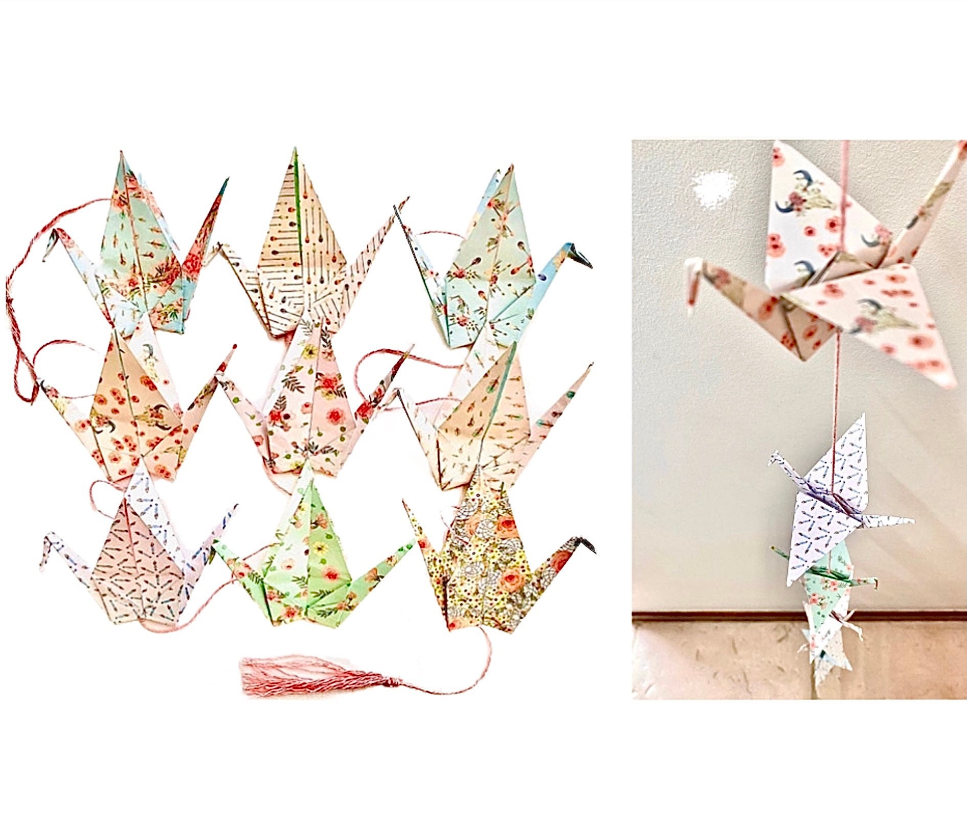 Guirlande Suspension Origami 9 Grues 170 cm Papier Pastel Motifs Boho Bohème Chic Rose Vert Bleu Bla