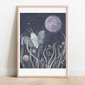 Impresión de polilla lunar - Impresión para guardería - Impresión artística de ensueño - Luna - Cielo estrellado