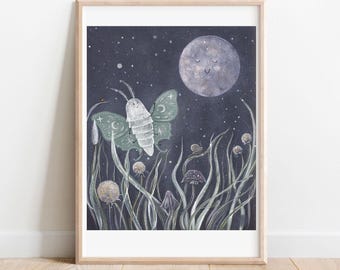 Luna Moth Art Print: Dreamy Moon & Starry Sky Nursery Decor