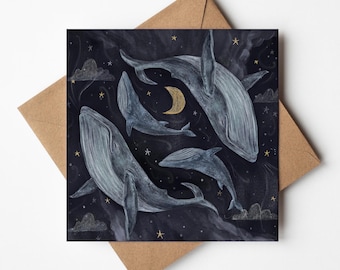 Dreamy Whales Greeting Card: Magical Whale and Night Sky Illustration