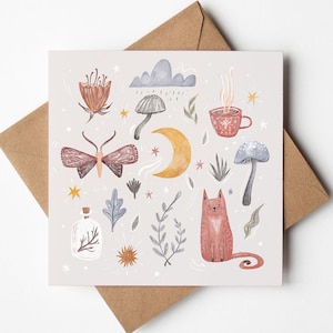 Accogliente biglietto d'auguri autunnale: arte del fungo gatto stregone