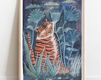 Dreamy Sleepy Tiger Print: Nursery Art