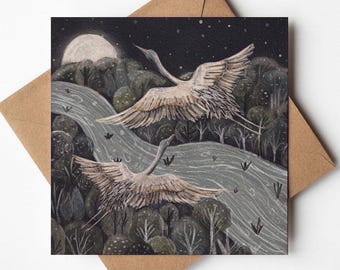 Cranes Art Card: Flying Birds Greeting Card