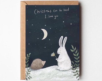 Christmas Thinking of You Card: Rabbit and Hedgehog