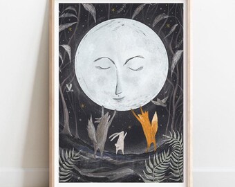 Moon and Friends Nursery Print: Dreamy Animal Illustration, A5 Art