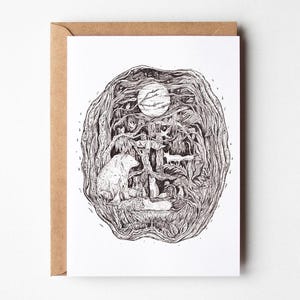 Tarjeta de reunión en el bosque - Dibujo a tinta del bosque - Tarjeta de arte