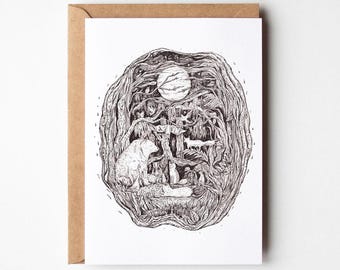 Forest Animals Ink Drawing Card: Textured Art Card