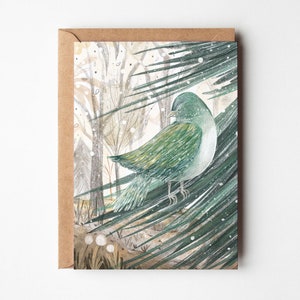 Tarjeta de felicitación de pájaro soñoliento - Tarjeta de invierno - Tarjeta de arte - Ilustración - Bosque - Árboles - Tarjeta de Navidad