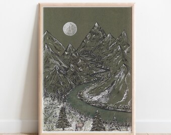 Mountain Stag Print - Mountain Illustration - Ink Drawing - Scottish Highlands Art