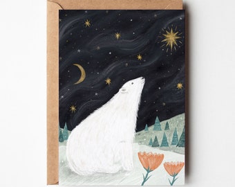 Polar Bear & Star Art Card: Textured Christmas Greeting