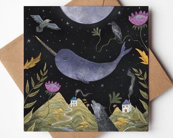 Narwhal Greeting Card: Magical Whale, Moon, and Wolf Illustration