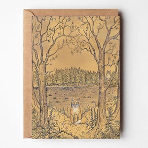 Carte de voeux renard - Illustration de la forêt - carte d'art - renard - hibou - forêt