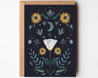 Floral Night Sky Greeting Card: Sunflower & Moon Art Card