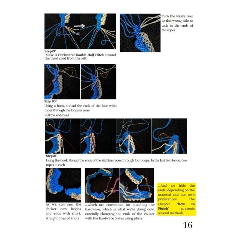以下が含まれることがあります： マクラメチョーカーの作り方のステップバイステップの説明。結び目のプロセスのクローズアップ写真が特徴です。画像は、白と青のコード、フック、ペンチの使用を示しています。テキストにはステップ79、80、81、および「Finish」という単語が含まれています。