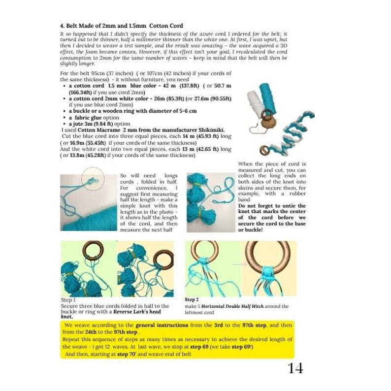 以下が含まれることがあります： 綿コードを使ってベルトを作る方法を説明するクラフトチュートリアルのページ。手順にはメートル単位の測定値、図、結び方や織り方の手順が含まれています。ページには、材料のリストも含まれています。