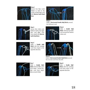 以下が含まれることがあります： 青と白のコードを使った結び方のステップバイステップの説明。画像には、リバースラークスヘッドノットやダブルハーフヒッチなど、各ステップを説明するテキスト付きの図が含まれています。右下隅には数字の18があります。