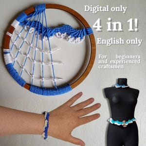 Puede incluir: Un atrapasueños de madera con detalles azules y blancos se muestra junto con una pulsera y un conjunto de collar y cinturón en un maniquí. La imagen incluye el texto "Digital only 4 in 1! English only For beginners and experienced craftsmen."