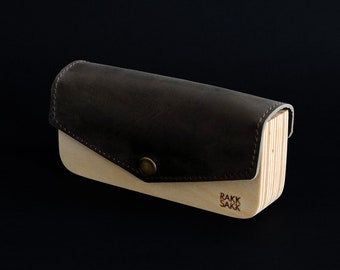 Plywood glasses case hard, wood and leather case, natural gift for her, gift for him, wooden case