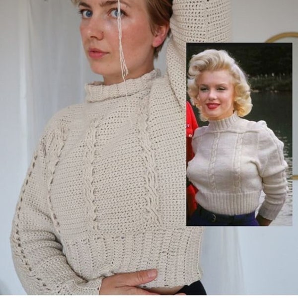 Marilyn Monroe Cable Sweater Rib Edges Crochet Pattern with Video Tutorial (ENG/DA)